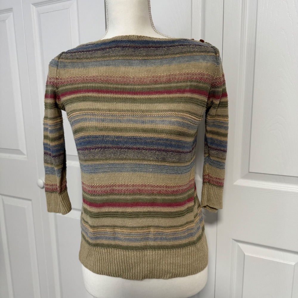 Lauren Ralph Lauren 100% Linen Striped Boat Neck Sweater 3/4 Sleeve Small